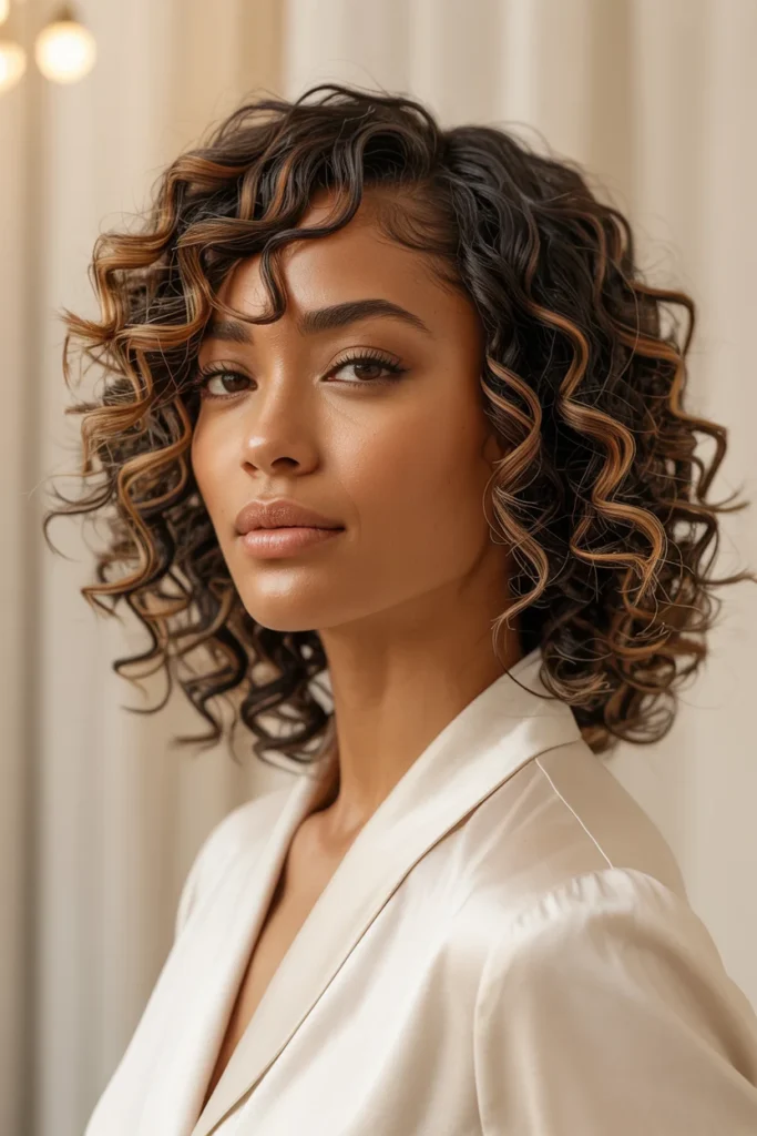 Curly Lob With Side-Swept Bangs