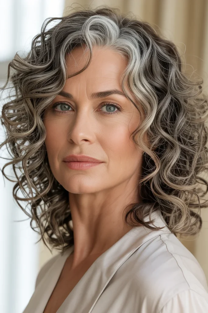 Medium Curly Hair With Gray Blending