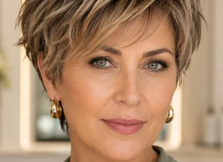 Classic pixie cut with blonde highlighted textured layers on a woman over 40