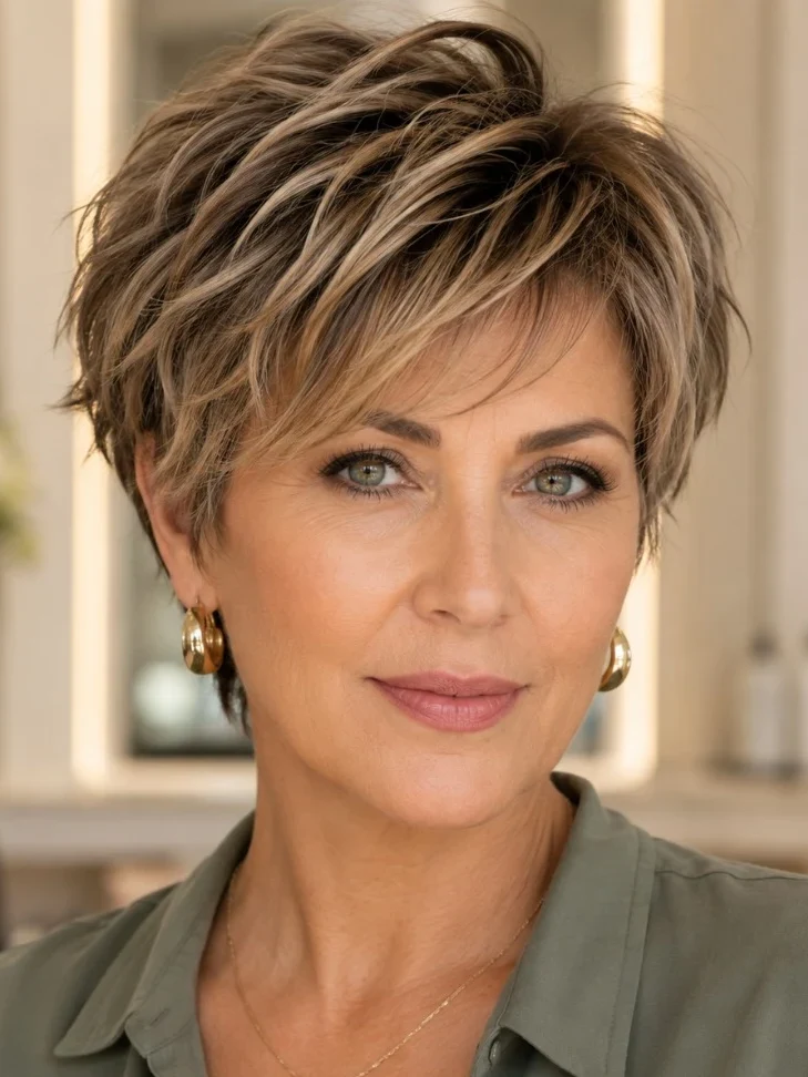 Classic pixie cut with blonde highlighted textured layers on a woman over 40