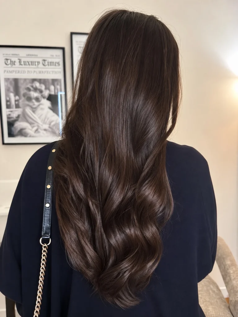 Rich chocolate brown wavy hair from behind