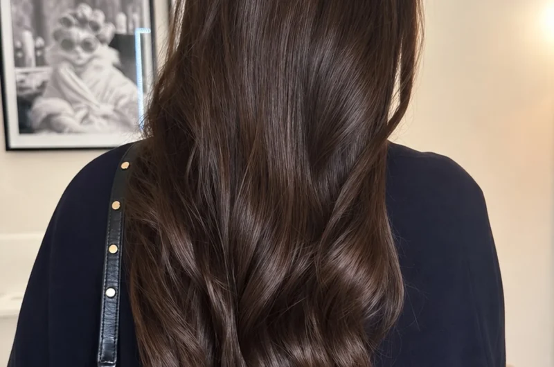 Rich chocolate brown wavy hair from behind