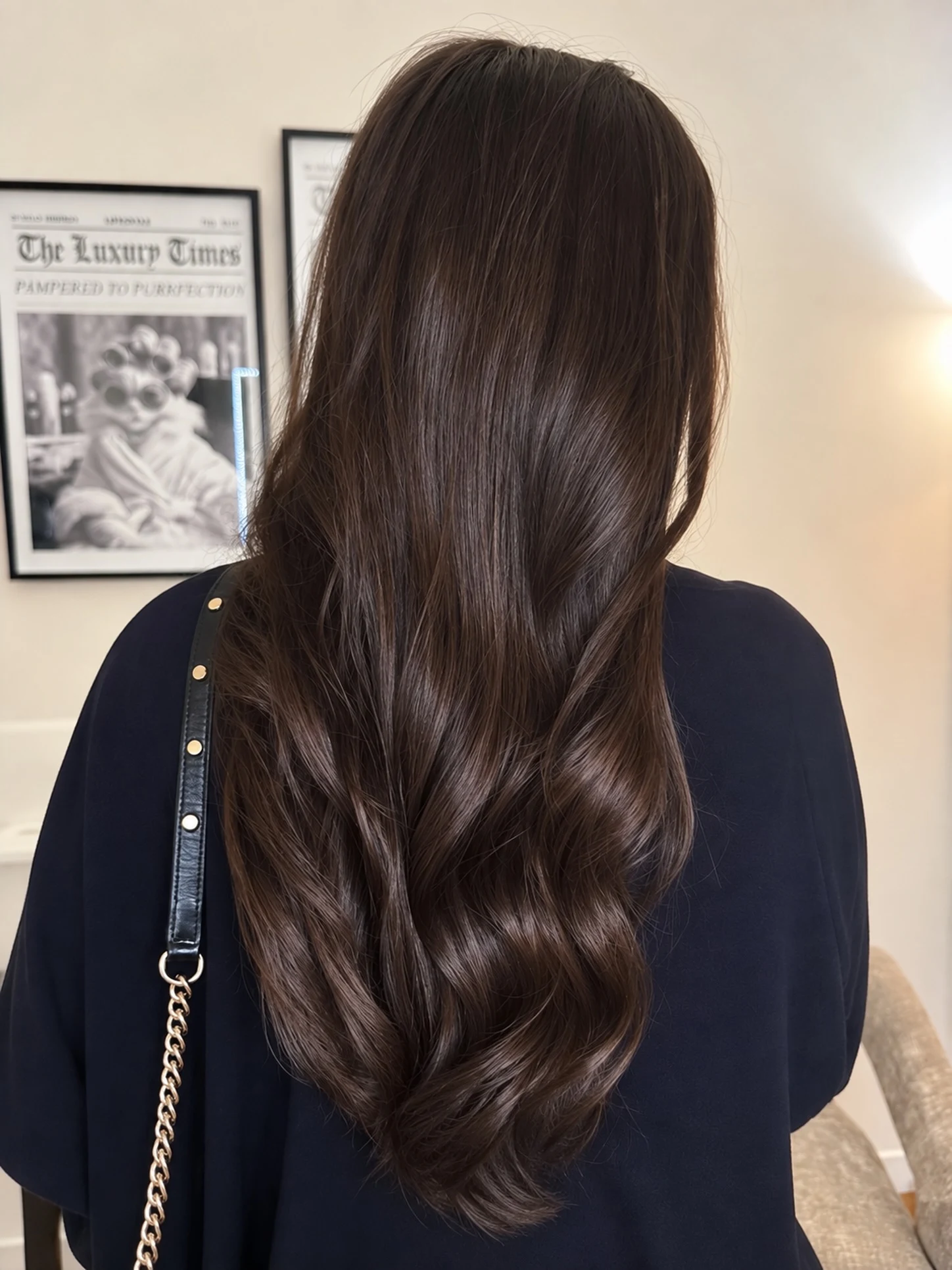 Rich chocolate brown wavy hair from behind