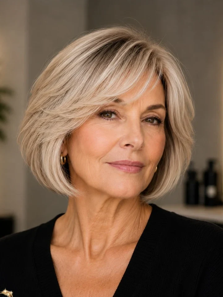 Layered platinum blonde bob with side swept bangs on a mature woman