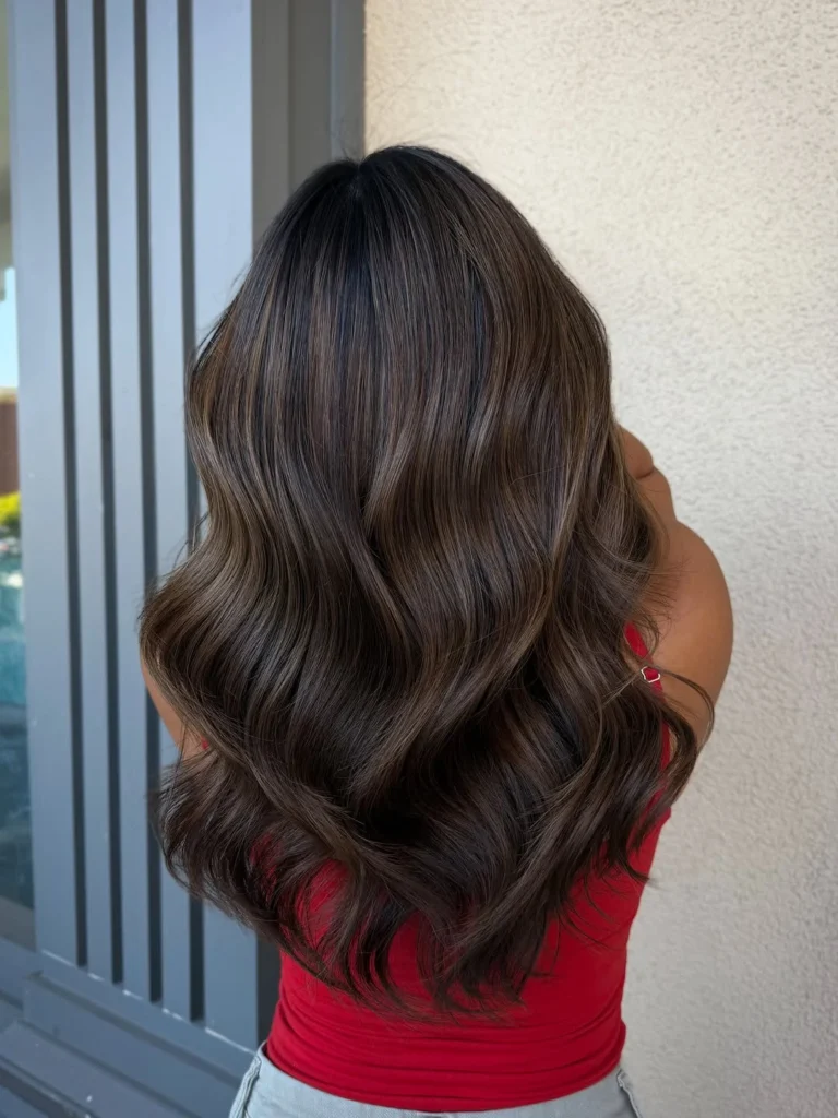 Dark brown hair with warm caramel highlights