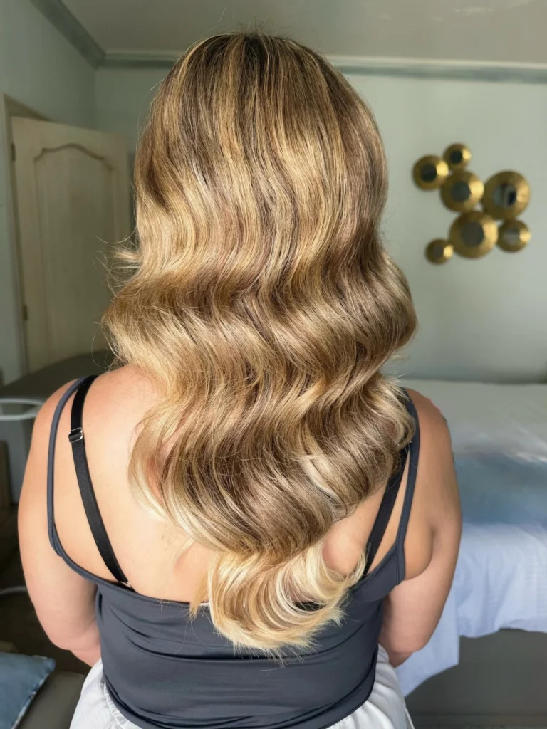 Glossy Hollywood waves on long blonde hair, back view