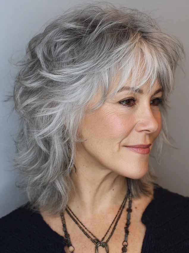 Feathered silver shag haircut with soft layers and fringe on a mature woman