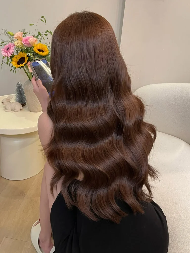 Glossy chestnut brown wavy hair