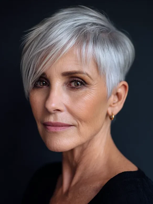 Side swept silver pixie cut with a long top on a mature woman