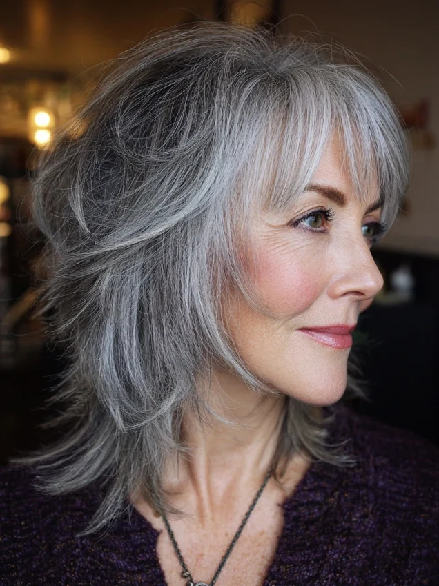 Short layered shag haircut with blonde feathered layers and bangs
