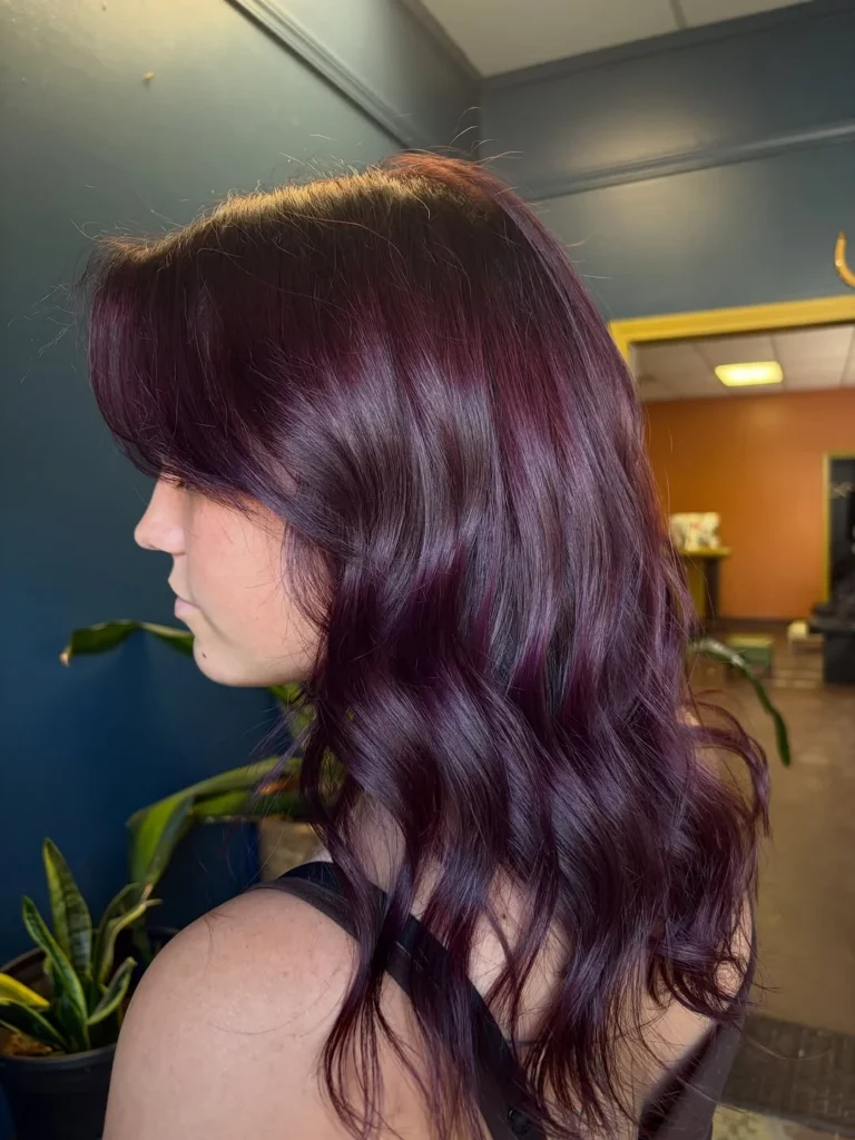 Deep burgundy purple long wavy hair