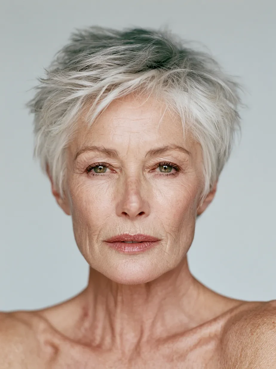 Textured spiky silver pixie cut with short tapered sides