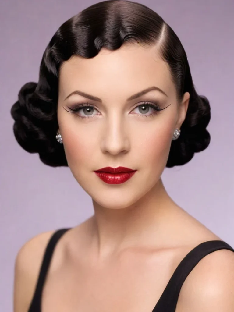 Elegant finger waves with a side part and red lipstick, vintage style
