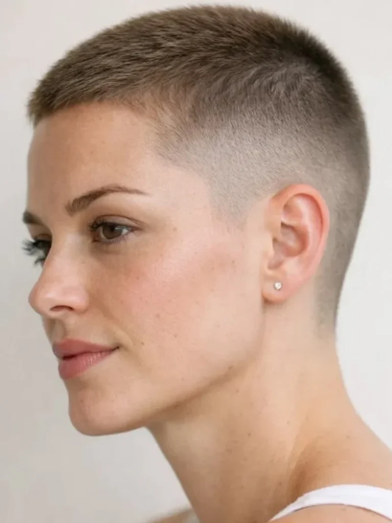 Bold buzz cut with a skin fade on a woman with very short blonde hair