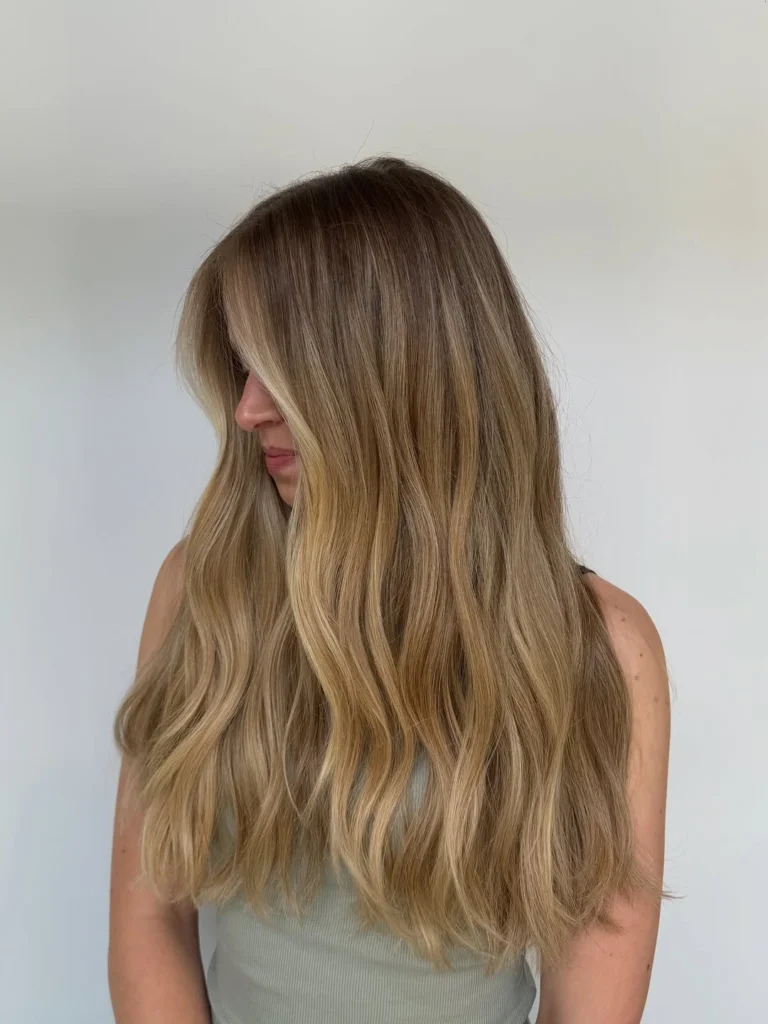 Dark brown hair blending into golden caramel ends
