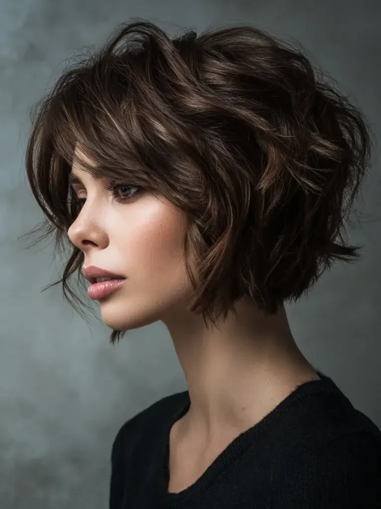 Textured wavy bob in dark brown with soft tousled waves