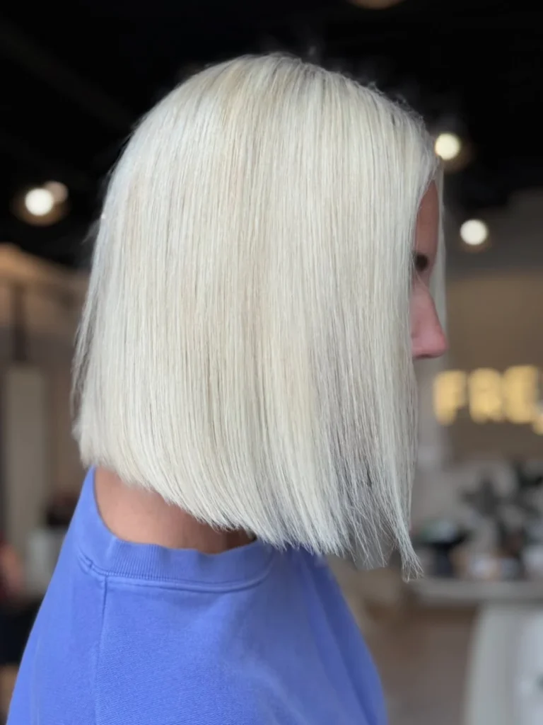 Sleek icy platinum blonde bob