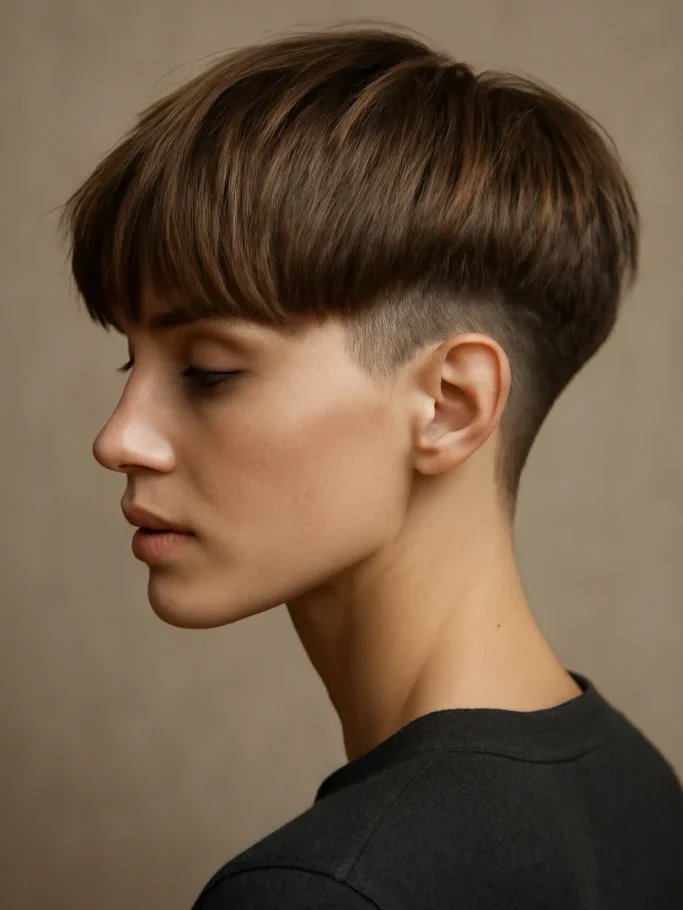 Modern bowl cut with a rounded top and faded undercut