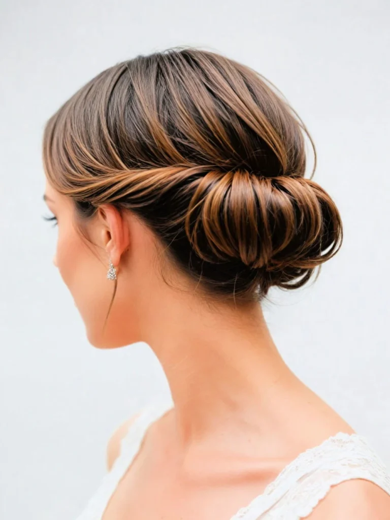 Classic Gibson tuck, smooth rolled low bun, side view