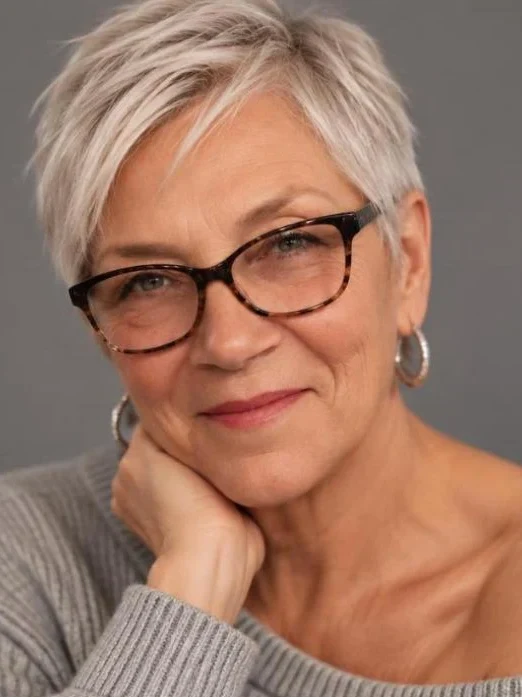 Grown out silver pixie style with soft length on top worn with glasses