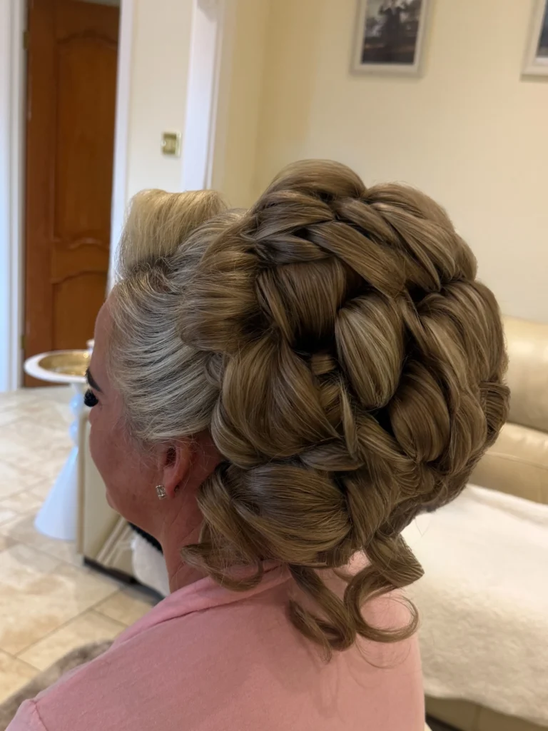 Braided low bun with a woven braid pattern, back view