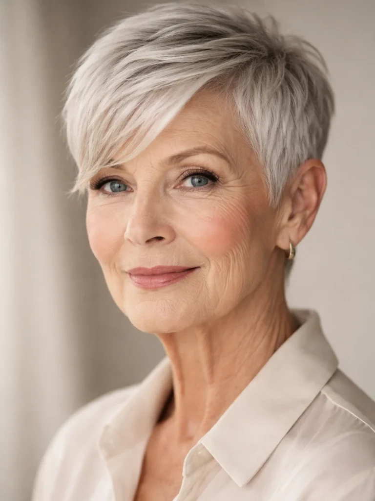 Chic silver pixie cut with a side sweep on an older woman