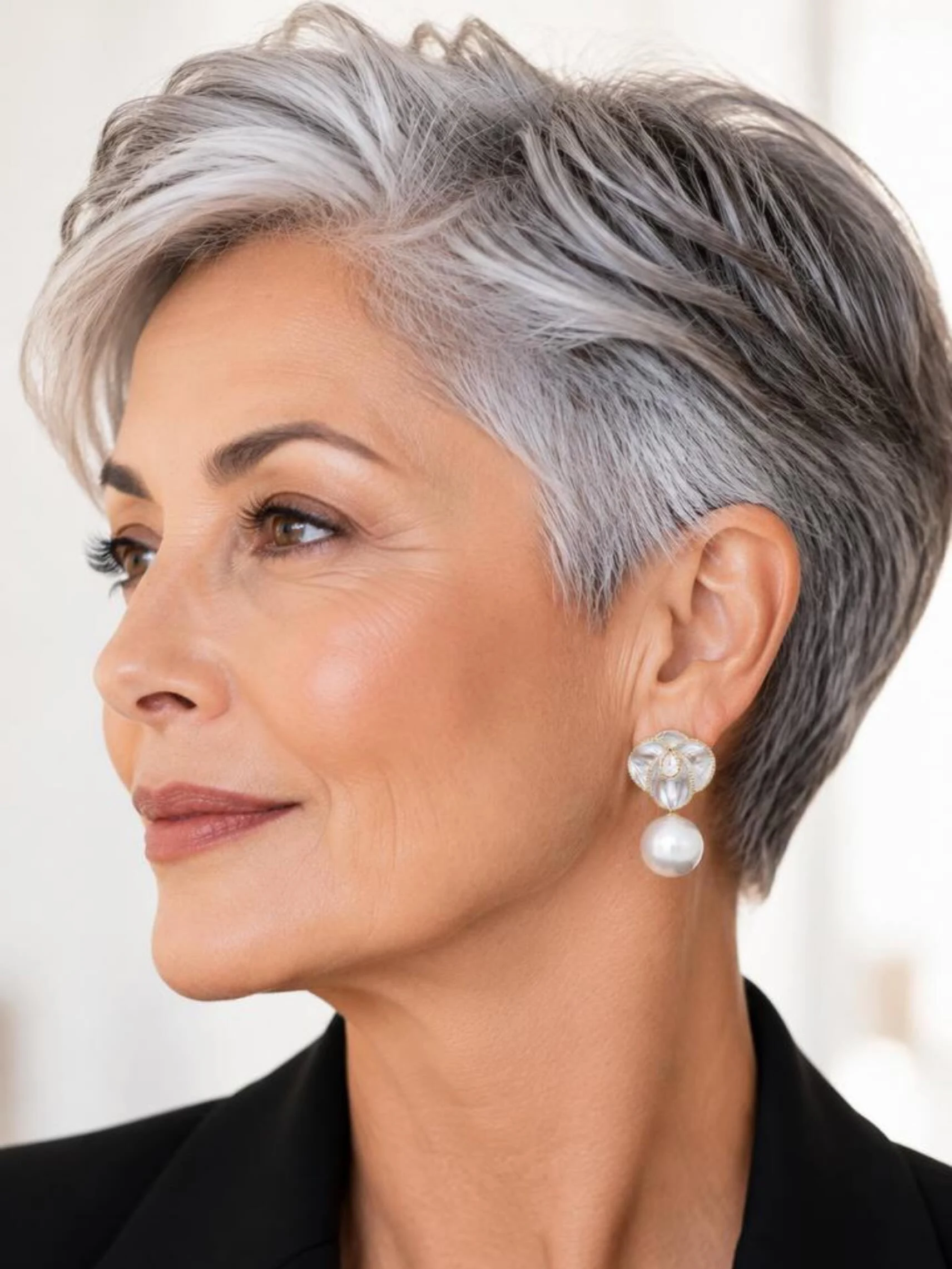 Sleek side part silver pixie crop on a mature woman