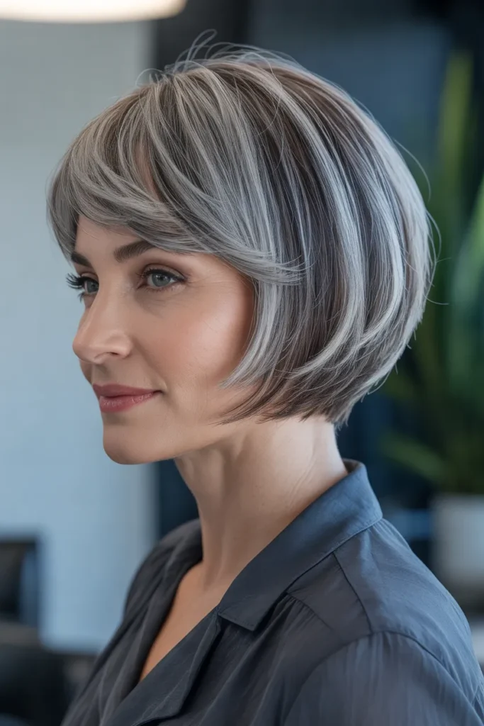 Angled Gray Bob With Side-Swept Bangs