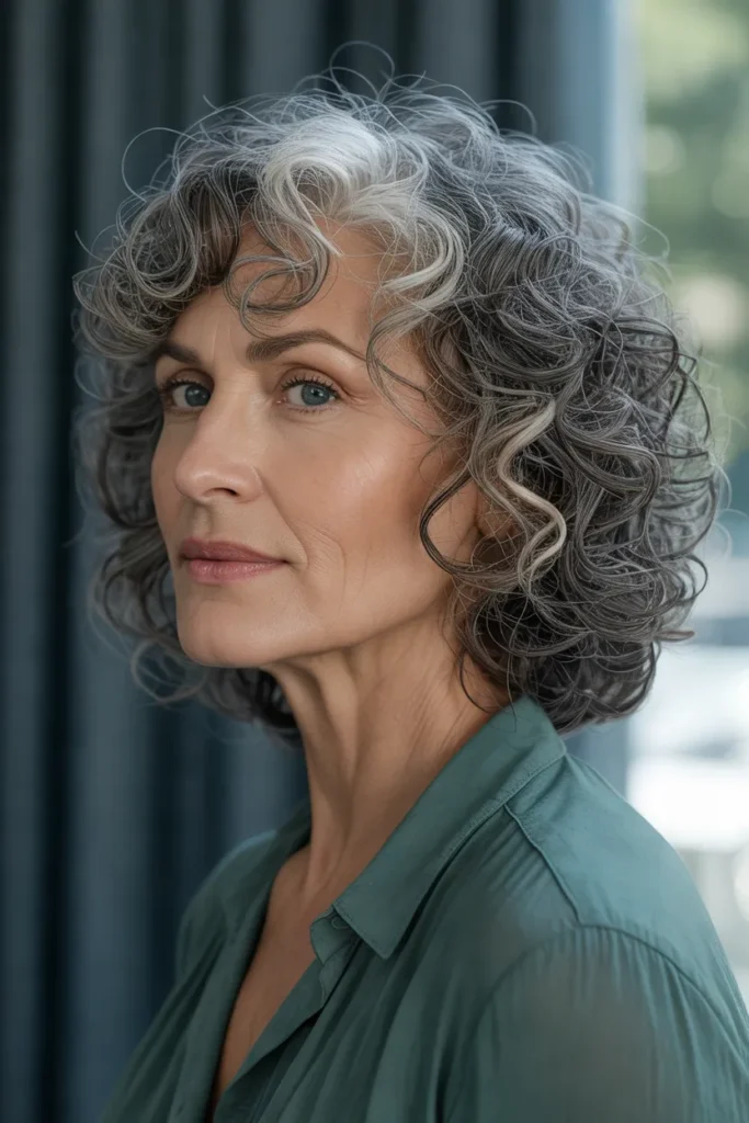 Curly Gray Bob With Soft Bangs