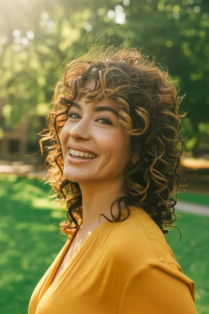 Curly Layered Haircut With Curtain Bangs