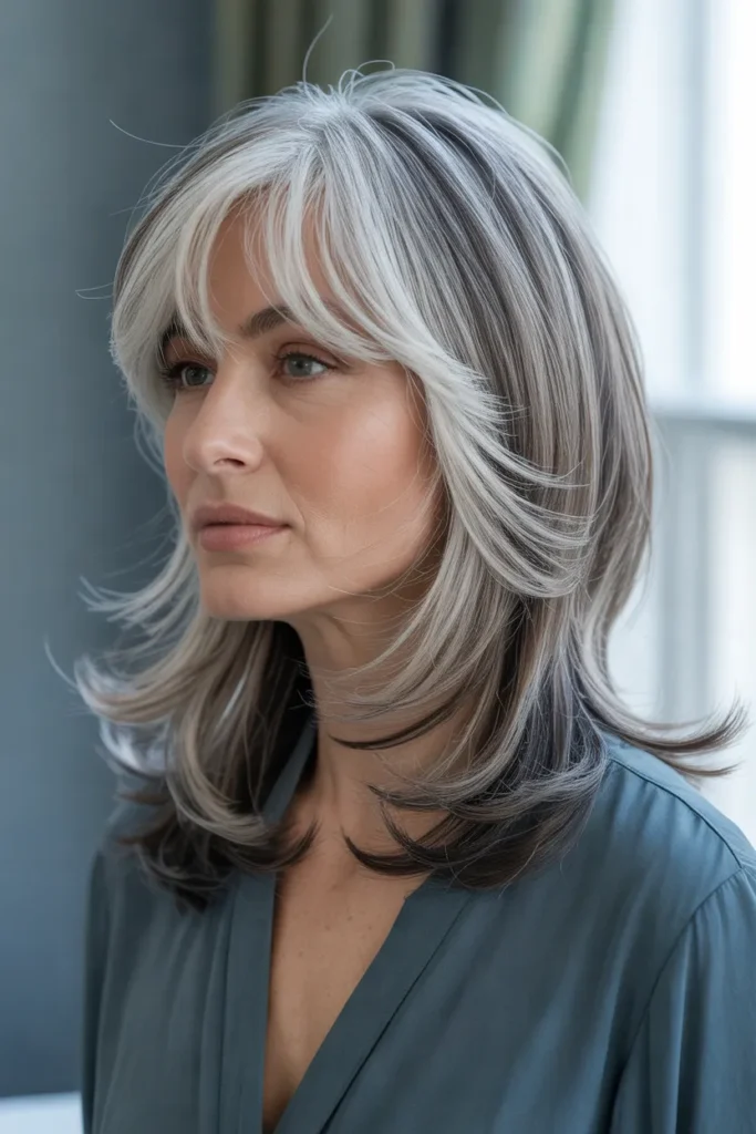 Layered Silver Hair With Feathered Bangs