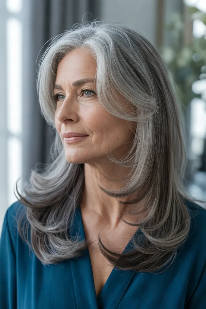 Long Gray Hair With Layered Curtain Bangs