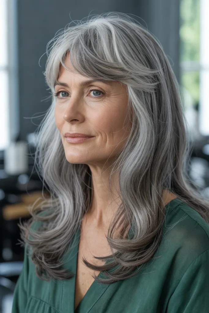 Long Gray Hair With Wispy Bangs