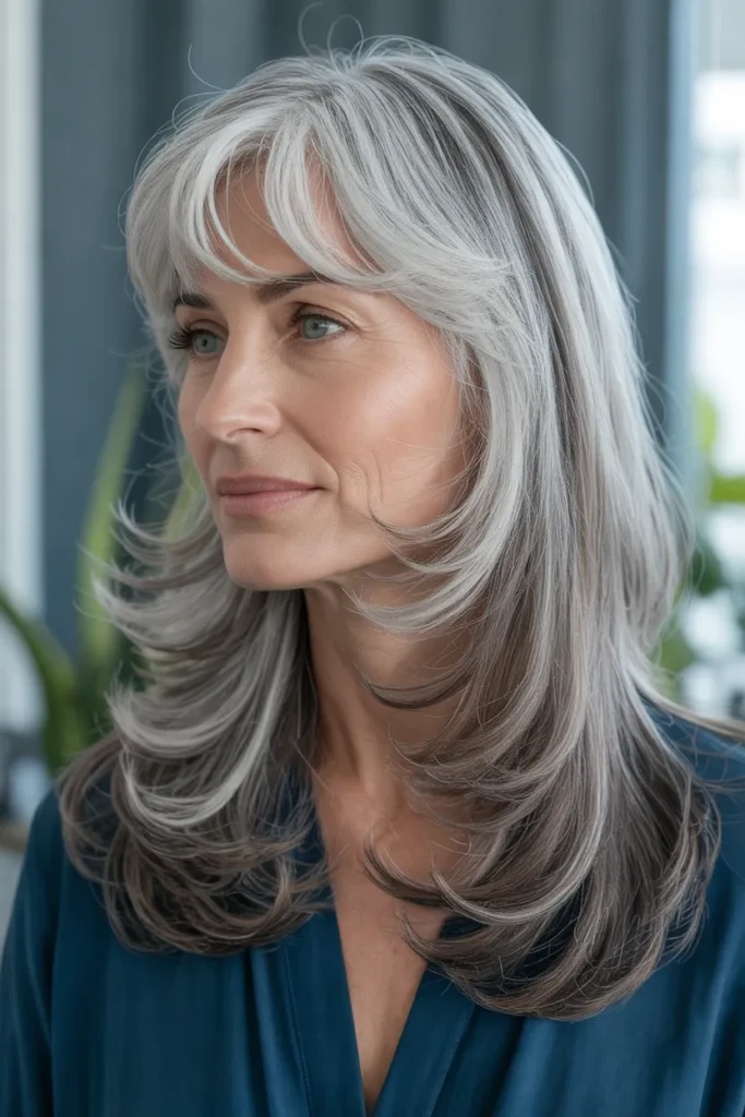 Long Silver Layers With Face-Framing Bangs