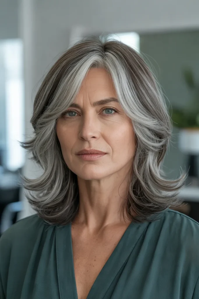 Medium Gray Shag With Curtain Bangs
