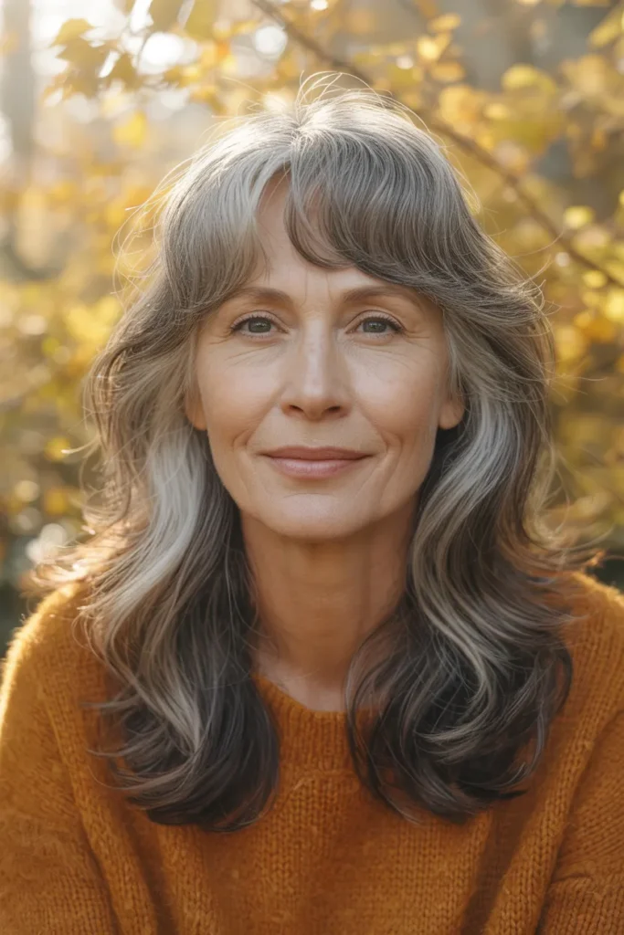 Natural Gray Hair With Soft Curtain Bangs