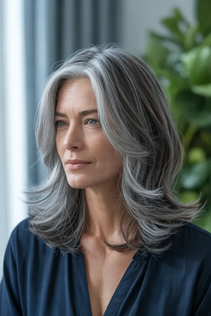 Shoulder-Length Gray Hair With Curtain Bangs