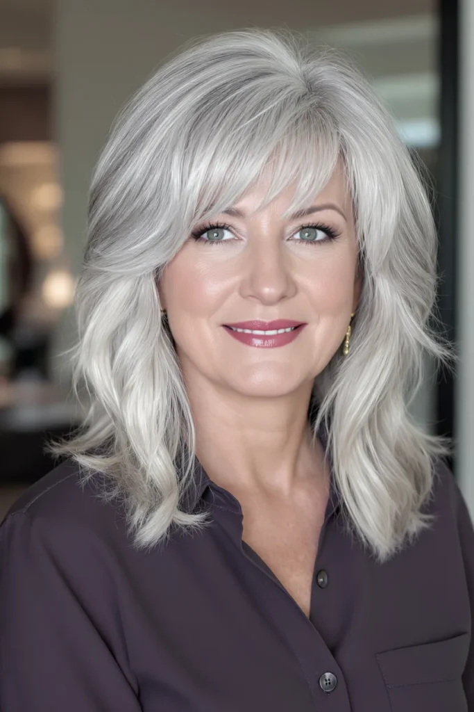 Voluminous Gray Hair With Feathered Fringe