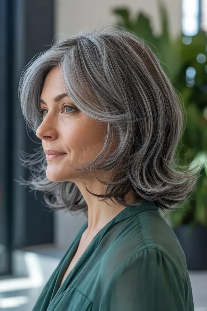 Wavy Gray Lob With Side Bangs